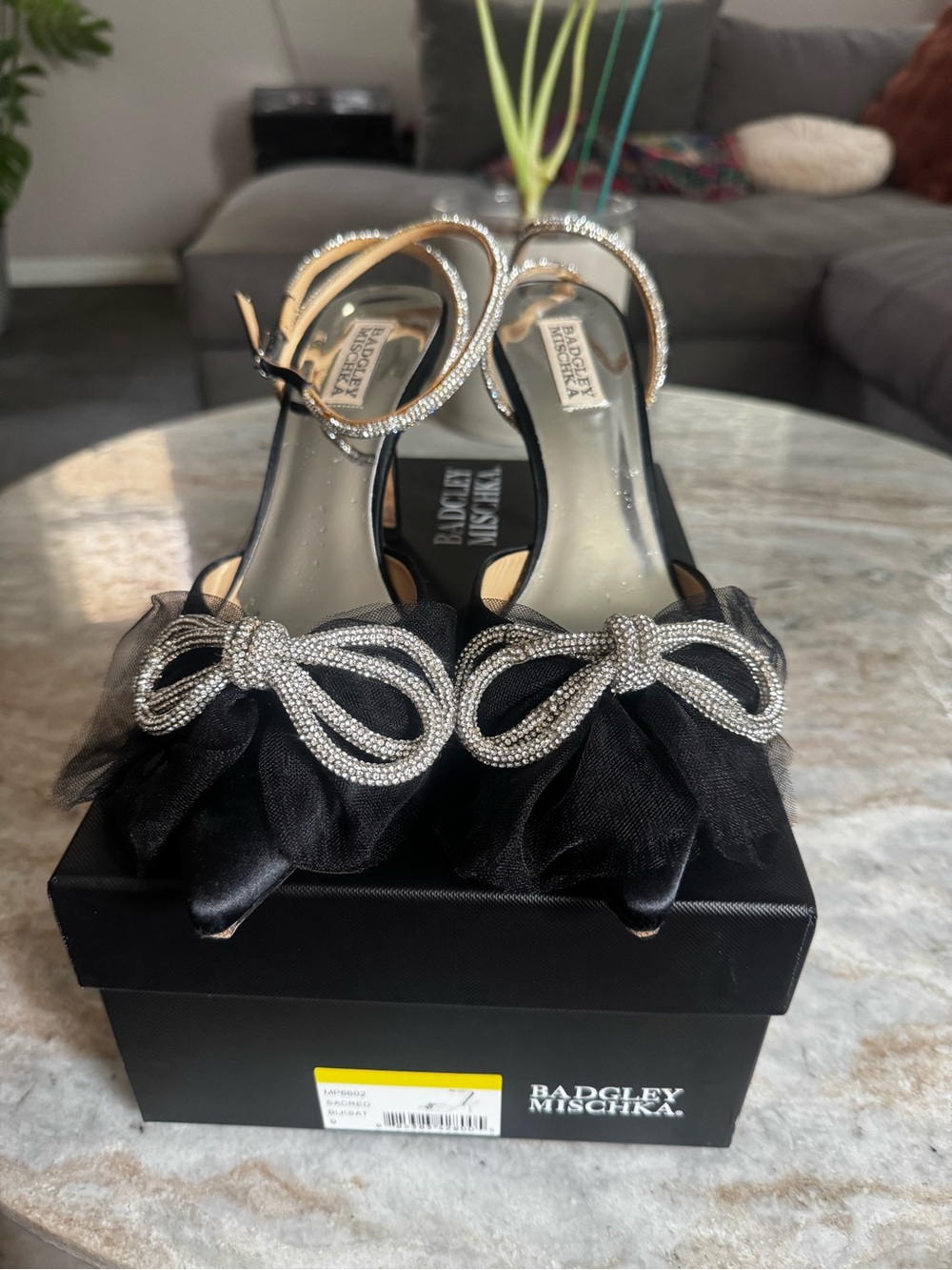 Badgley Mischka Black Satin Tulle Heels with Crystal Bow Accent
